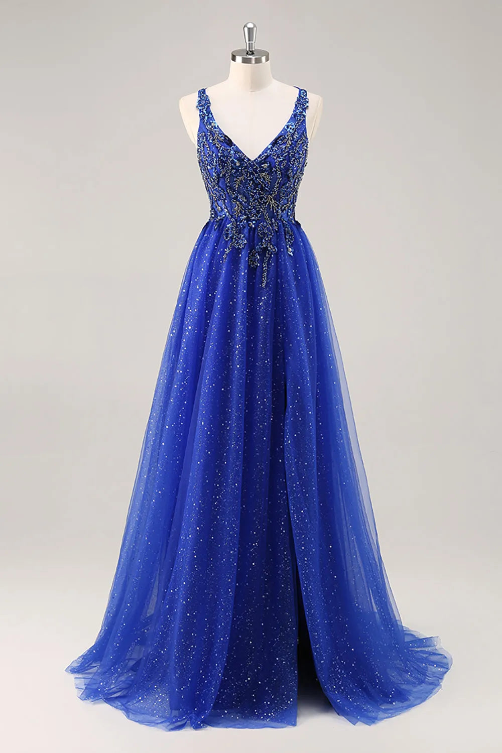 Sparkly Royal Blue Beaded Corset V-Neck Long Prom Dress with Slit ﻿
