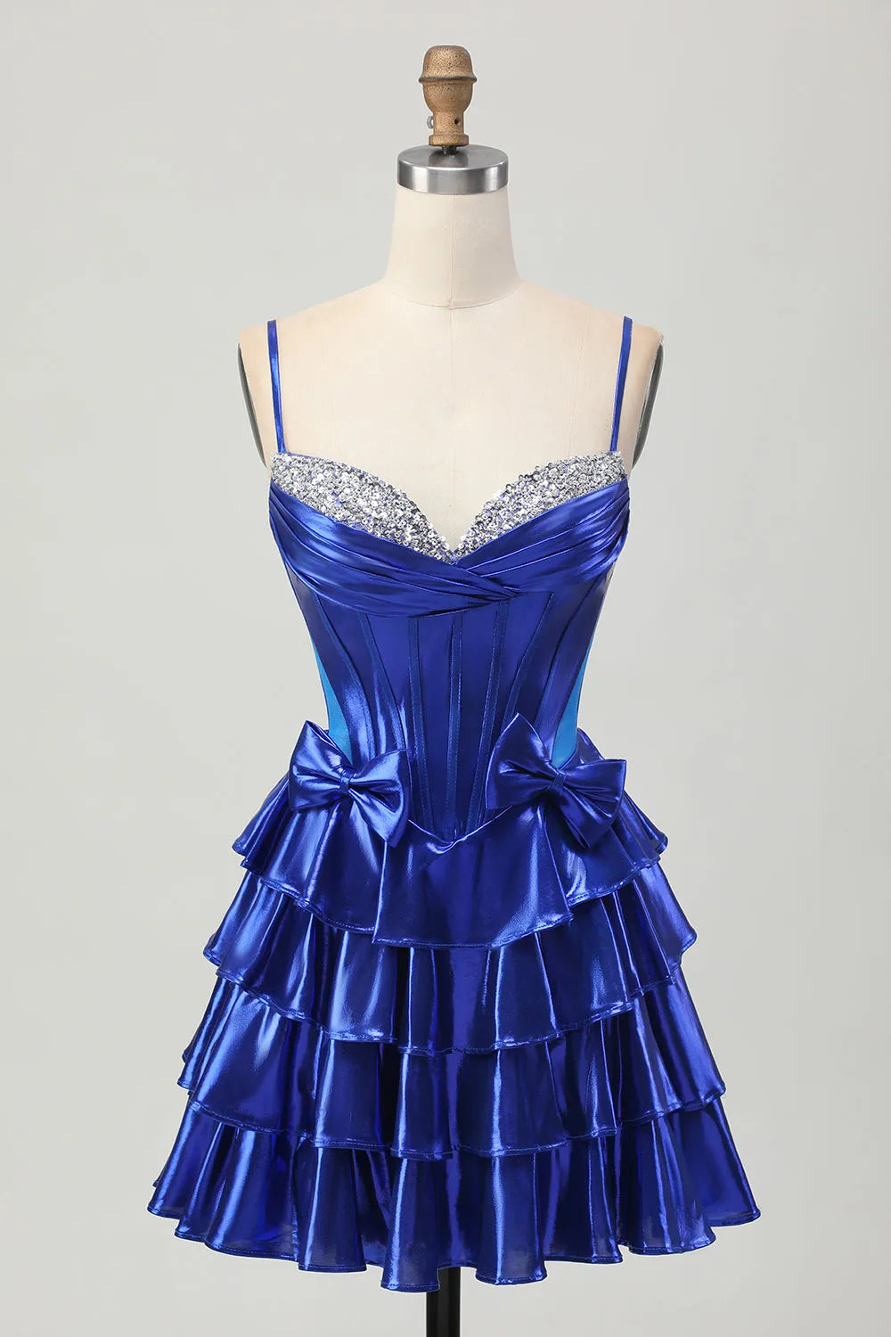 Sparkly Royal Blue Metallic Corset Ruffled Short Homecoming Dress with Bows ﻿