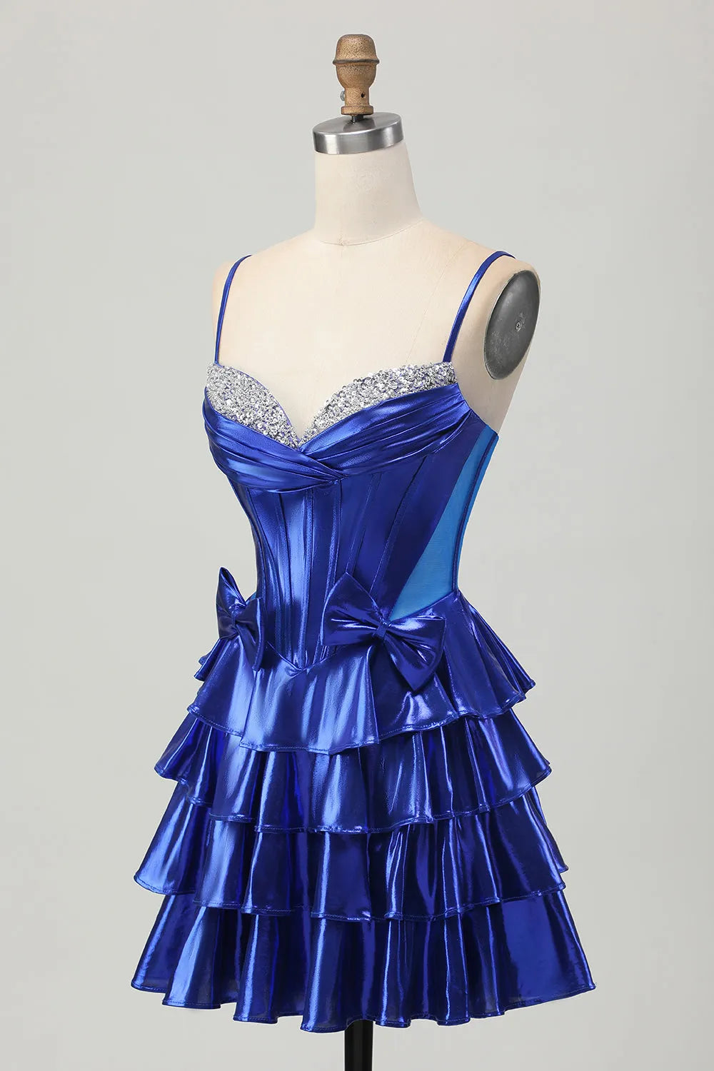 Sparkly Royal Blue Metallic Corset Ruffled Short Homecoming Dress with Bows ﻿