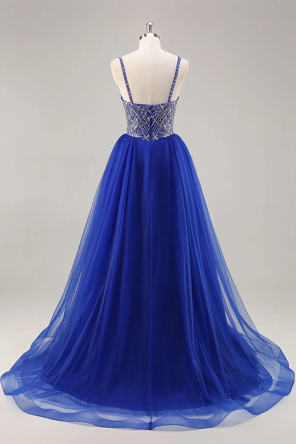 Sparkly Royal Blue Spaghetti Straps Beaded Long Prom Dress