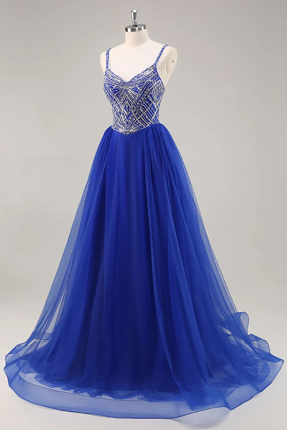 Sparkly Royal Blue Spaghetti Straps Beaded Long Prom Dress