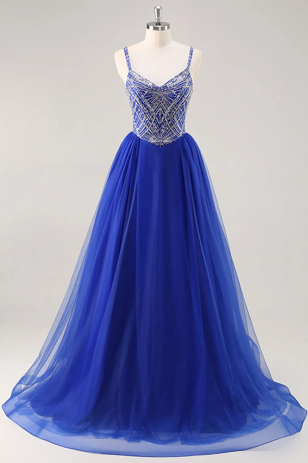 Sparkly Royal Blue Spaghetti Straps Beaded Long Prom Dress