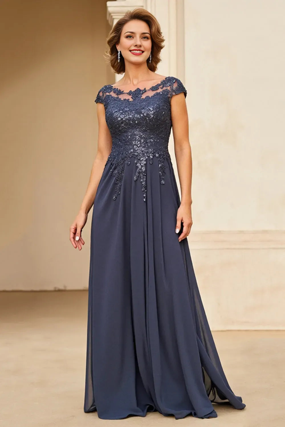 Sparkly Twilight A Line Chiffon Boat Neck Long Mother of the Bride Dress