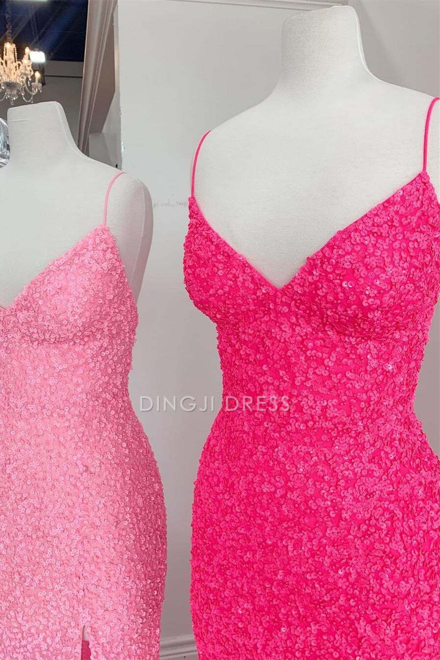 DingJiDress Formal Dress Charming Mermaid Sequins V-Neck Spaghetti Strap Sleeveless Backless Side Fork Party Sparkly Prom Dress