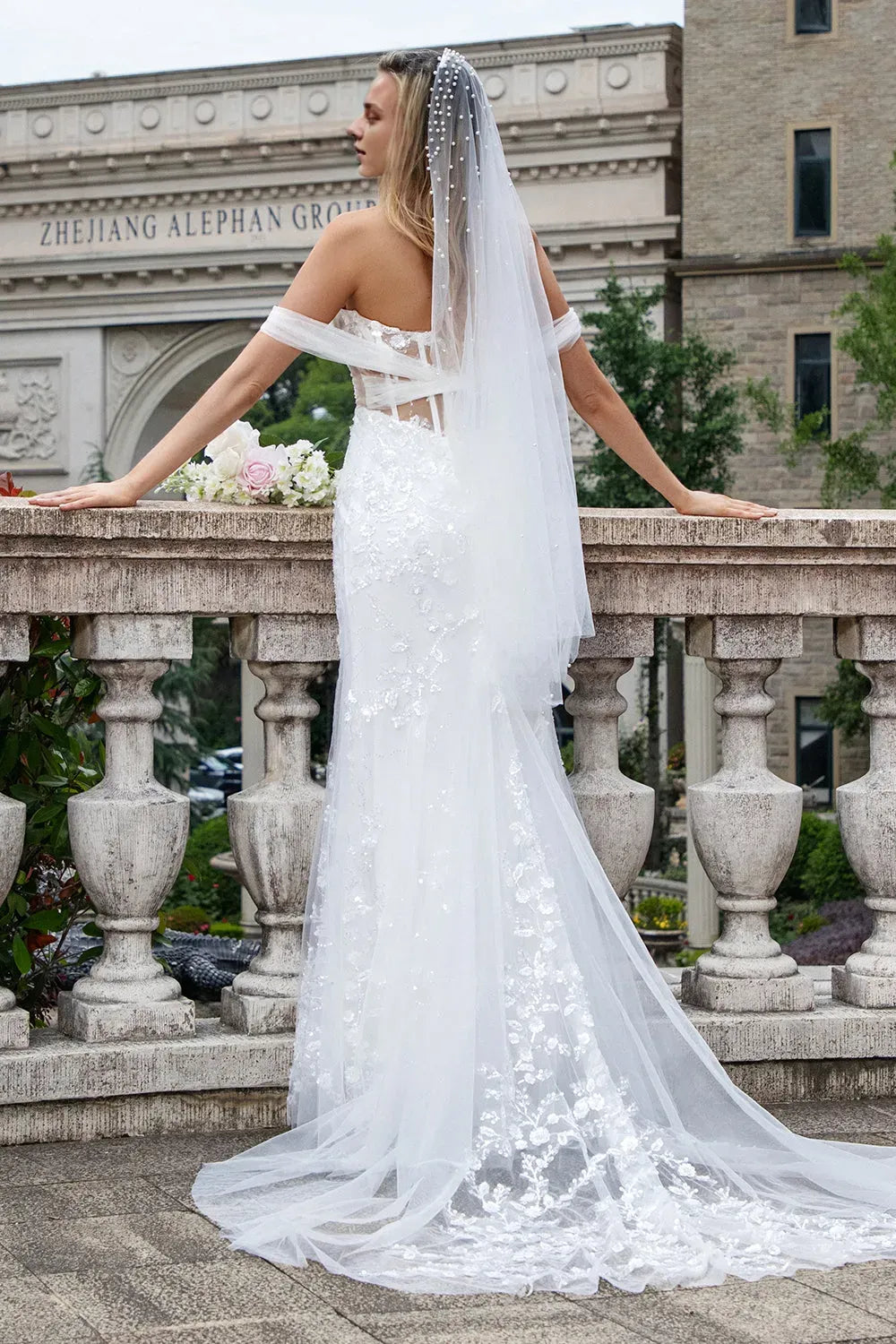 Sparkly White Off the Shoulder Corset Mermaid Tulle Wedding Dress with Sequins