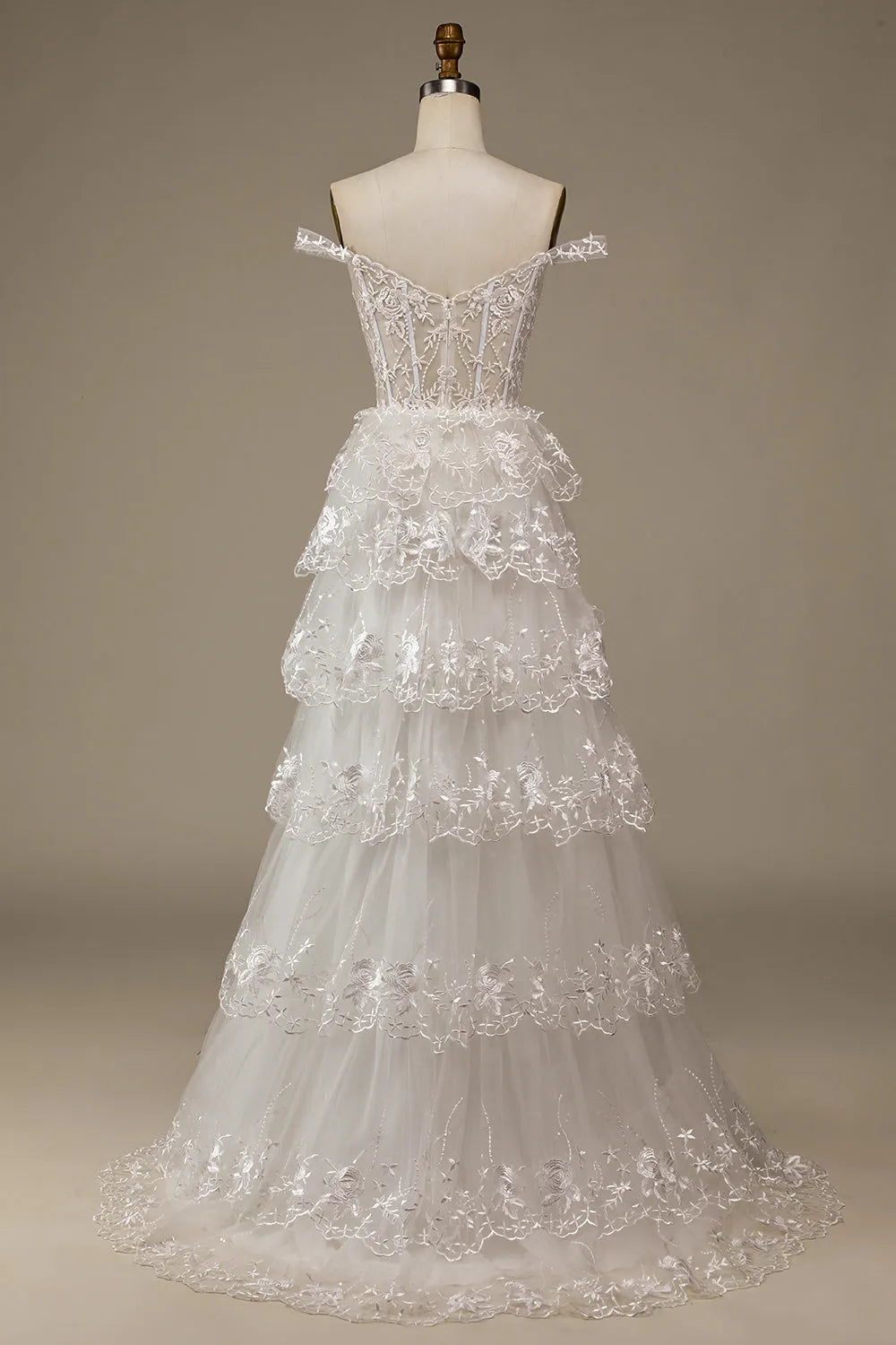 Sparkly White Tiered Lace Wedding Dress with Slit ﻿