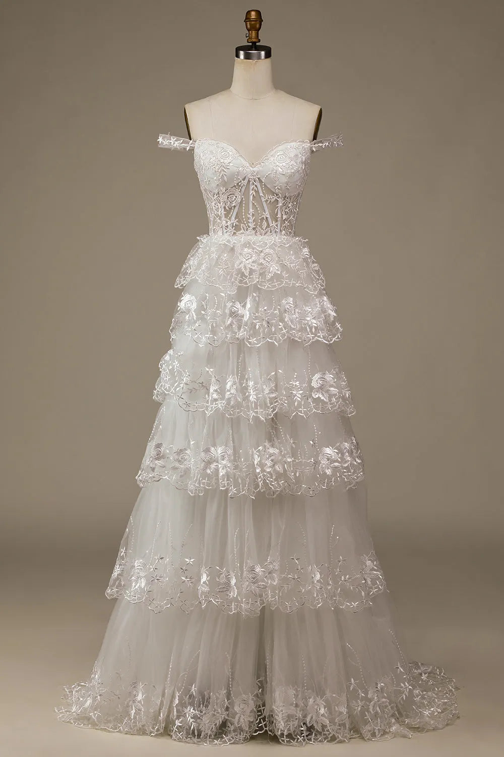 Sparkly White Tiered Lace Wedding Dress with Slit ﻿