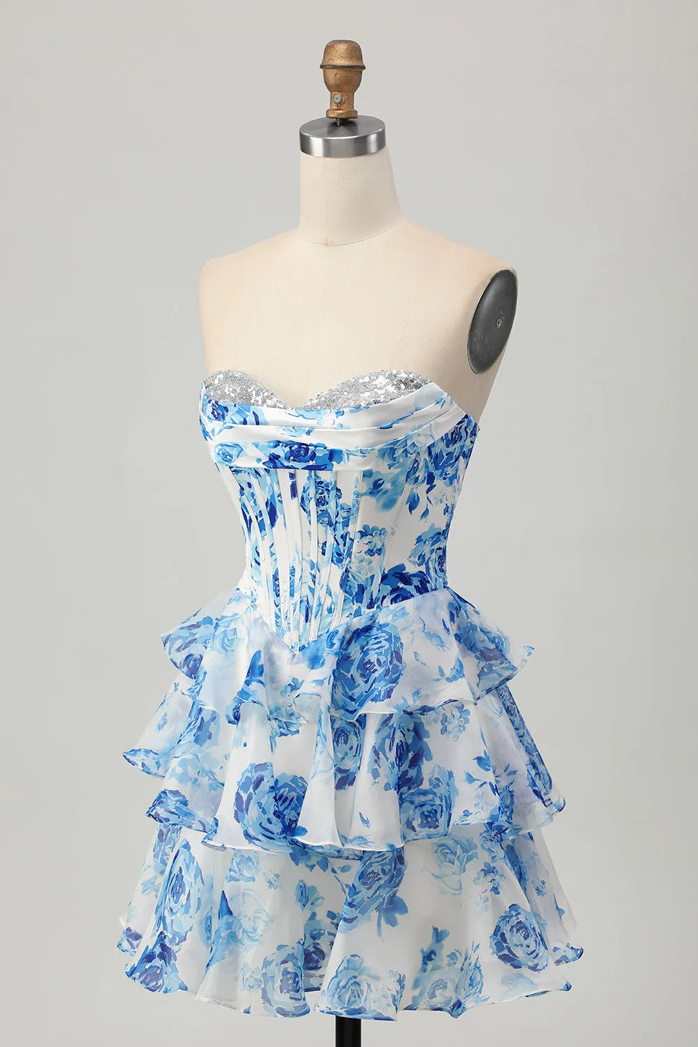 Sparkly White and Blue Floral Corset Sweetheart Short Homecoming Dress