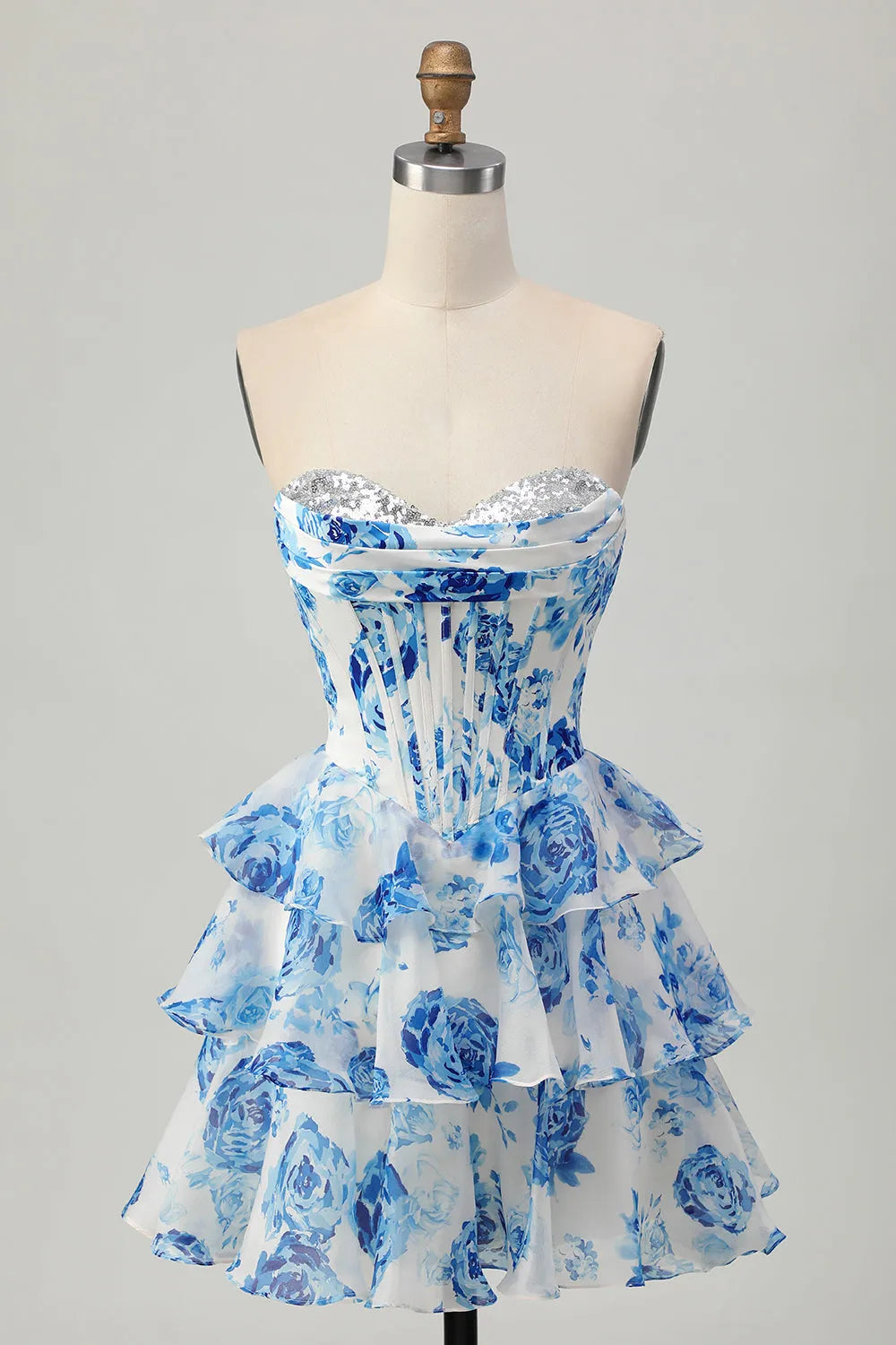 Sparkly White and Blue Floral Corset Sweetheart Short Homecoming Dress