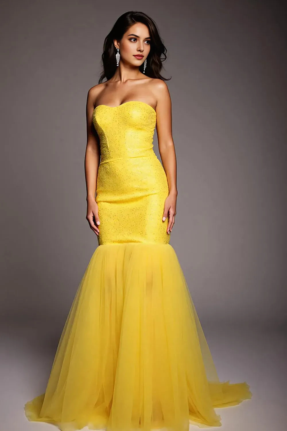 Sparkly Yellow Strapless Mermaid Long Prom Dress with Beading ﻿
