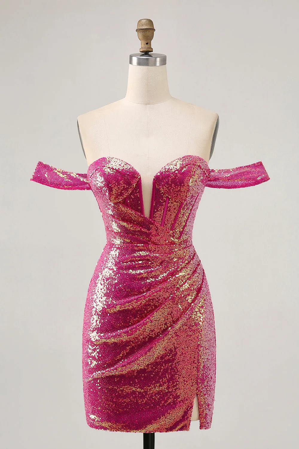 Sparkly Fuchsia Sequin Tight Ruched Short Corset Homecoming Dress ﻿