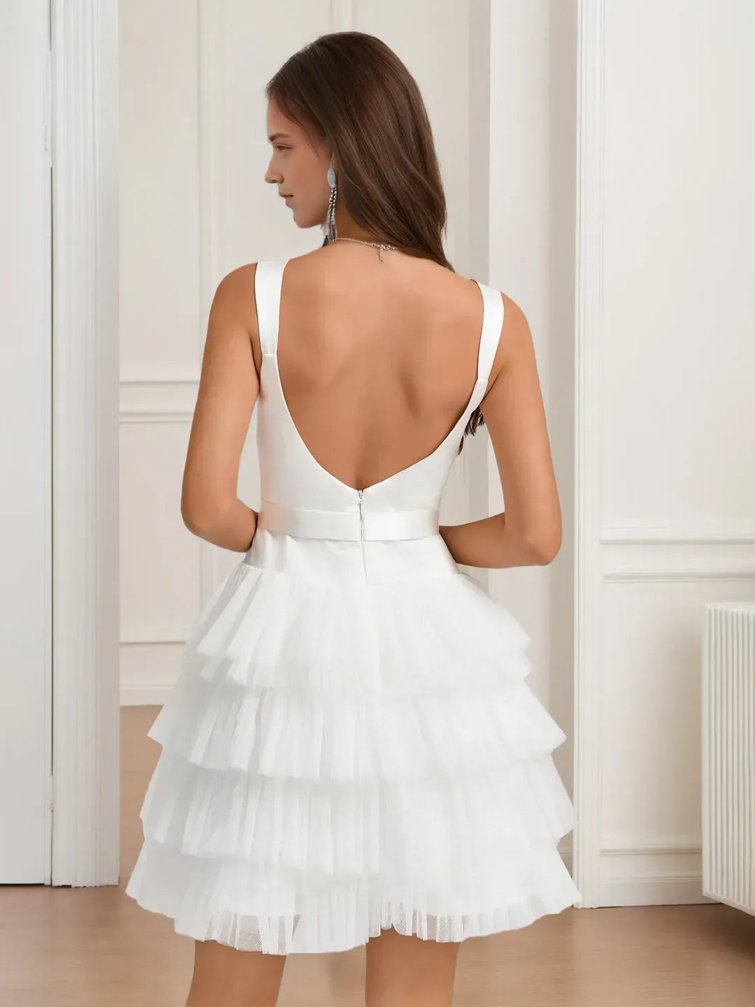Square Neckline Backless Short/Mini Homecoming Dresses with Tiered Tulle Bow Belt