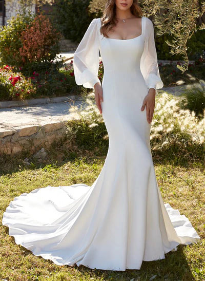Square Neckline Long Sleeve Mermaid Fitted Wedding Dress Sweep
