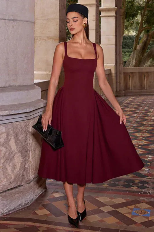 Square Neckline Navy Blue Midi Party Dress with Flared Skirt