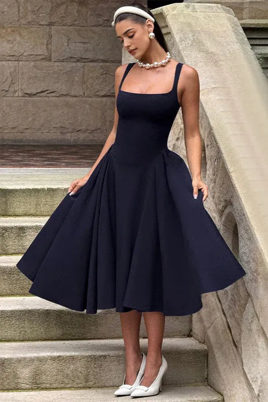 Square Neckline Navy Blue Midi Party Dress with Flared Skirt