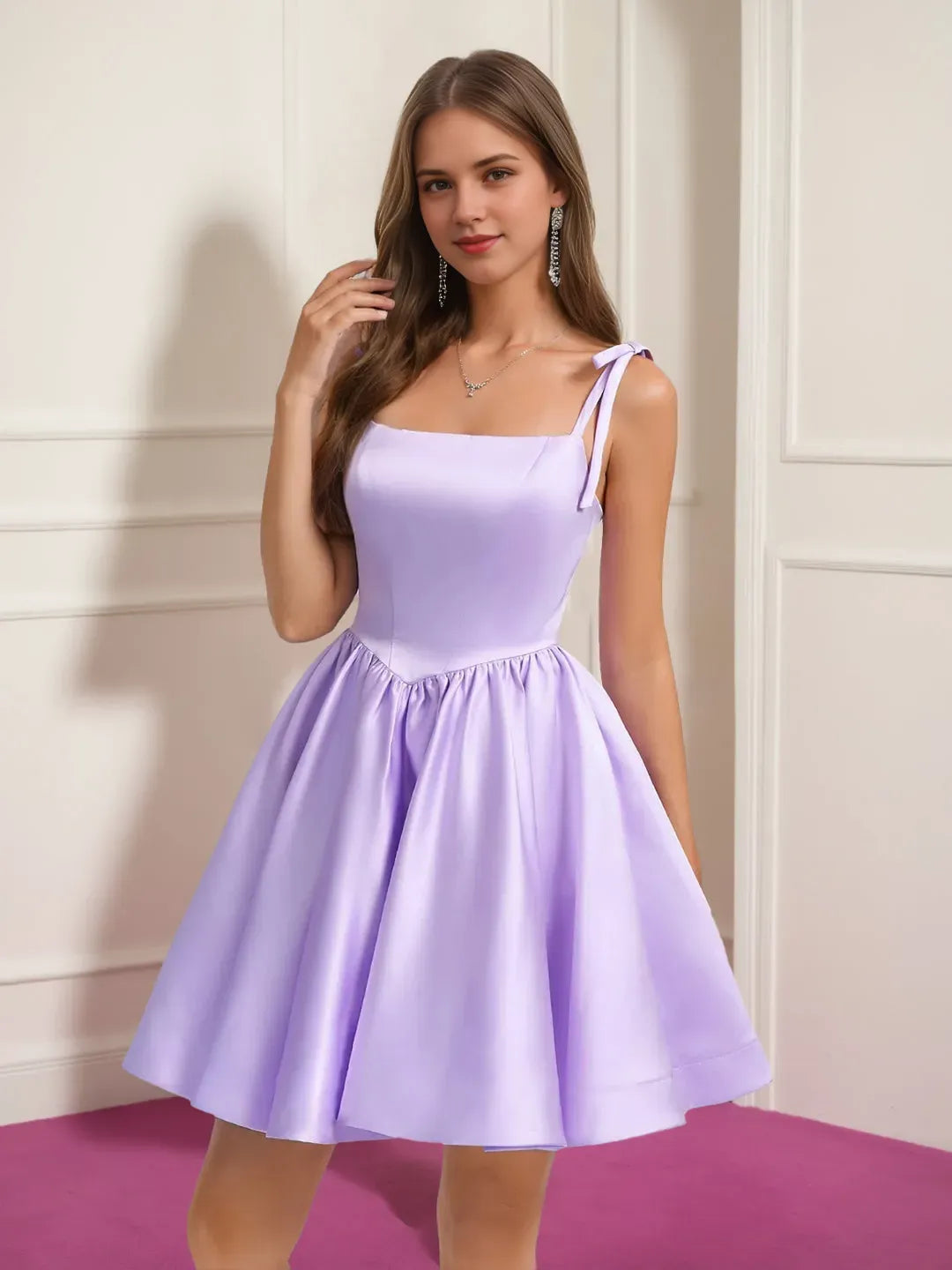 Square Neckline Pleated Short/Mini Homecoming Dresses with Bow Straps