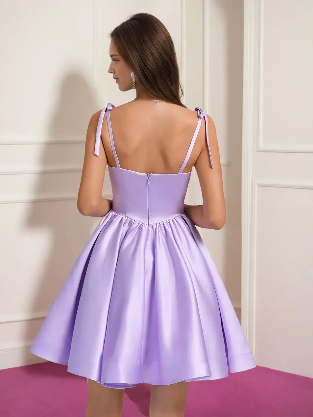 Square Neckline Pleated Short/Mini Homecoming Dresses with Bow Straps