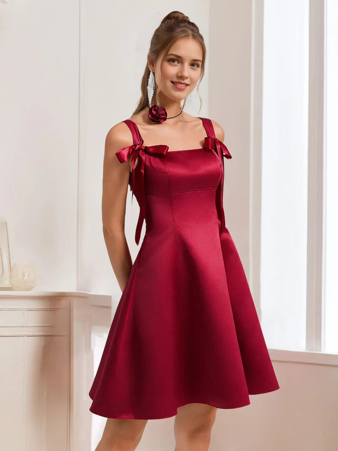 Square Neckline Sleeveless Short/Mini Homecoming Dresses with Bows