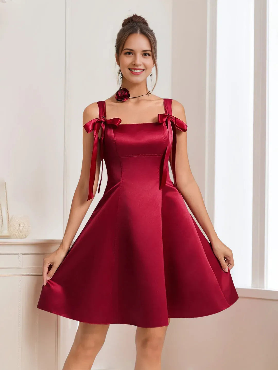 Square Neckline Sleeveless Short/Mini Homecoming Dresses with Bows