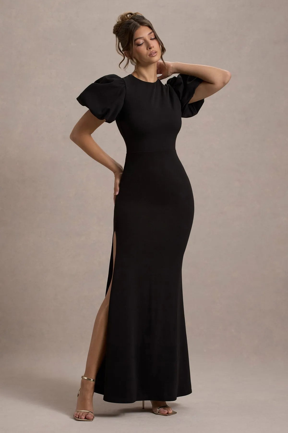 Statement Black Prom Dress Puff Sleeve High Side Slit Mermaid Silhouette for Unforgettable Formal Nights