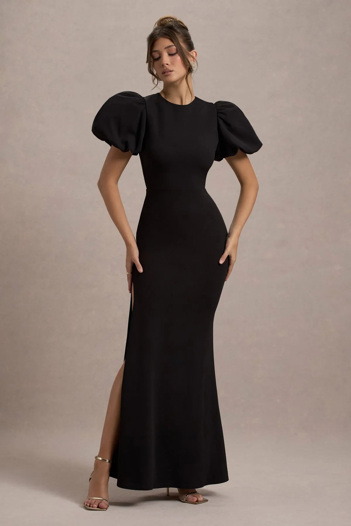 Statement Black Prom Dress Puff Sleeve High Side Slit Mermaid Silhouette for Unforgettable Formal Nights