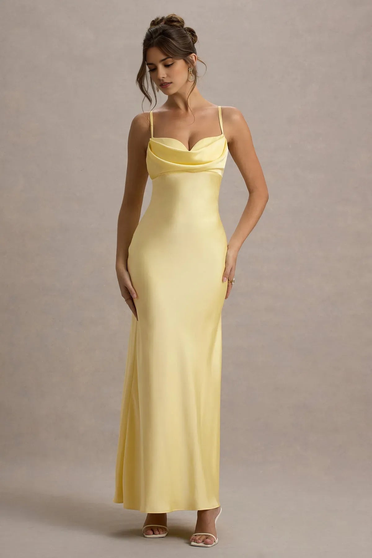 Statement Lemon Satin Prom Dresses Cowl Neck Spaghetti Straps Satin Sophistication for Unforgettable Formal Nights