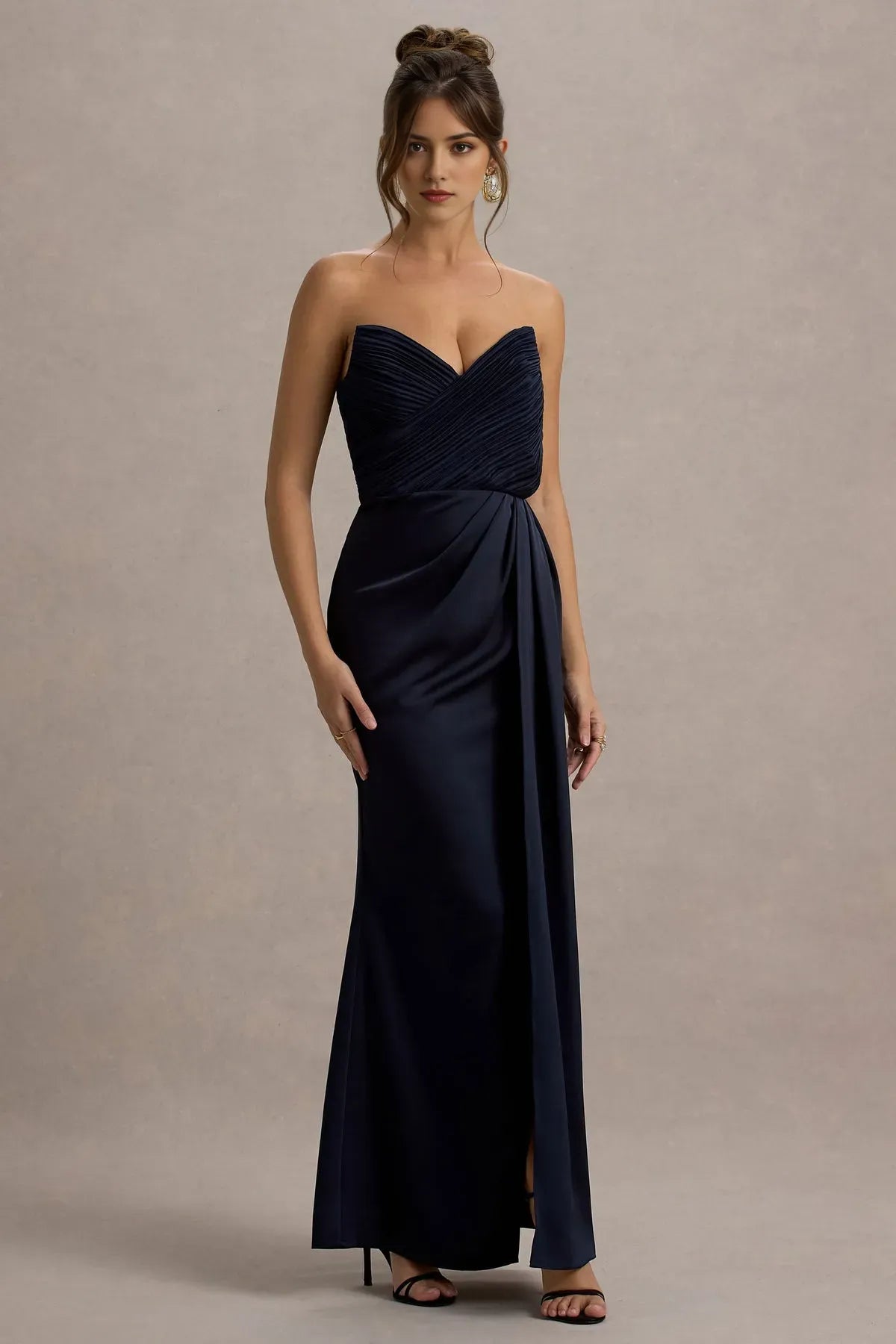 Statement Navy Blue Strapless Prom Dresses Ruched Sweetheart Neckline Draped Side Slit to Stand Out at Black - Tie Events