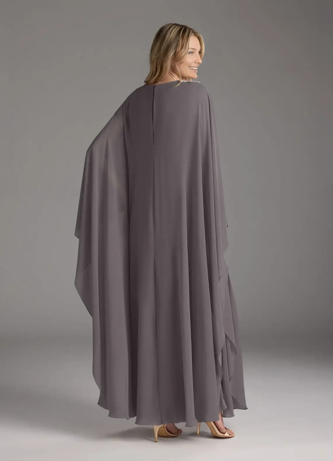 Steel Grey A-Line Pleated Chiffon V - Neck Mother of the Bride Dress with Embellished Waist Belt, Flowing  Sleeves