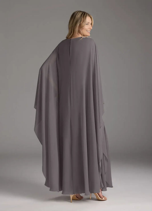 Steel Grey A-Line Pleated Chiffon V - Neck Mother of the Bride Dress with Embellished Waist Belt, Flowing  Sleeves