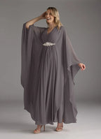 Steel Grey A-Line Pleated Chiffon V - Neck Mother of the Bride Dress with Embellished Waist Belt, Flowing  Sleeves