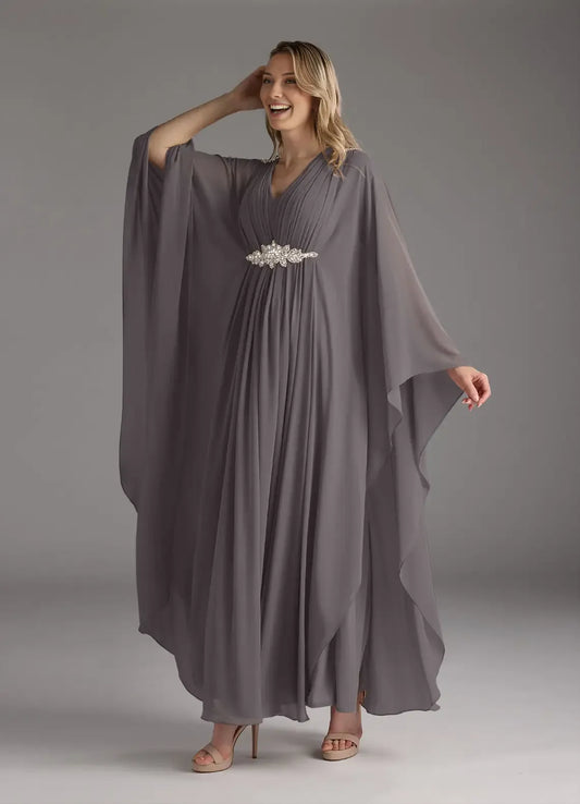 Steel Grey A-Line Pleated Chiffon V - Neck Mother of the Bride Dress with Embellished Waist Belt, Flowing  Sleeves