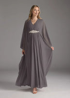 Steel Grey A-Line Pleated Chiffon V - Neck Mother of the Bride Dress with Embellished Waist Belt, Flowing  Sleeves