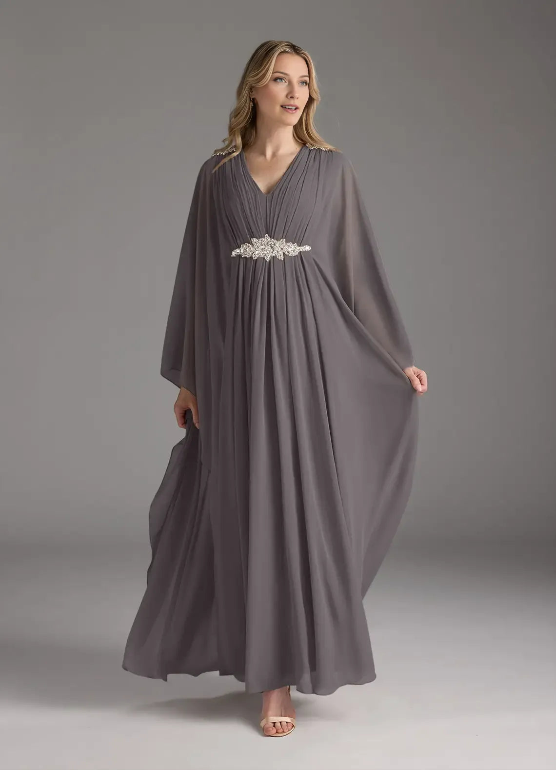 Steel Grey A-Line Pleated Chiffon V - Neck Mother of the Bride Dress with Embellished Waist Belt, Flowing  Sleeves