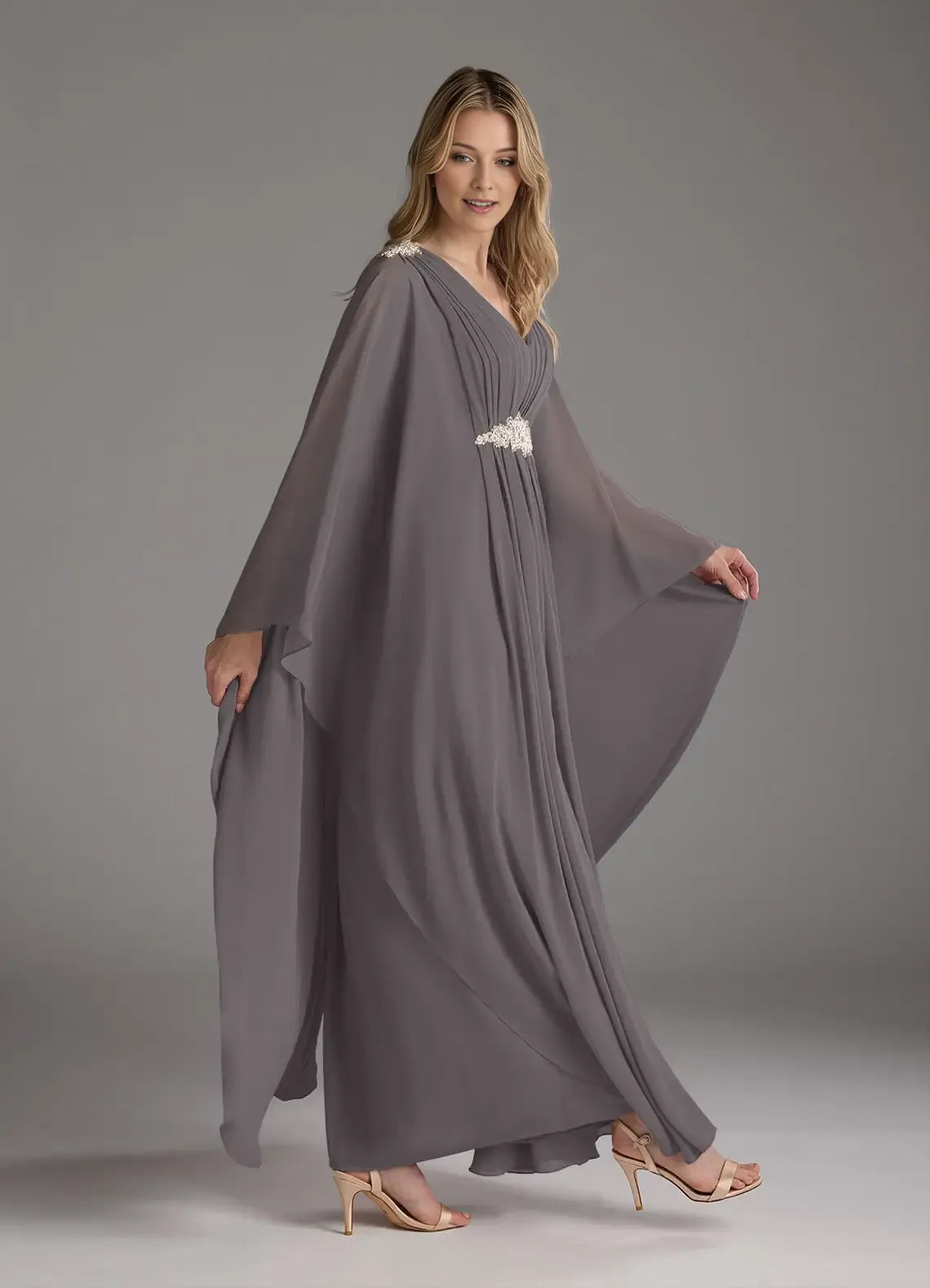 Steel Grey A-Line Pleated Chiffon V - Neck Mother of the Bride Dress with Embellished Waist Belt, Flowing  Sleeves