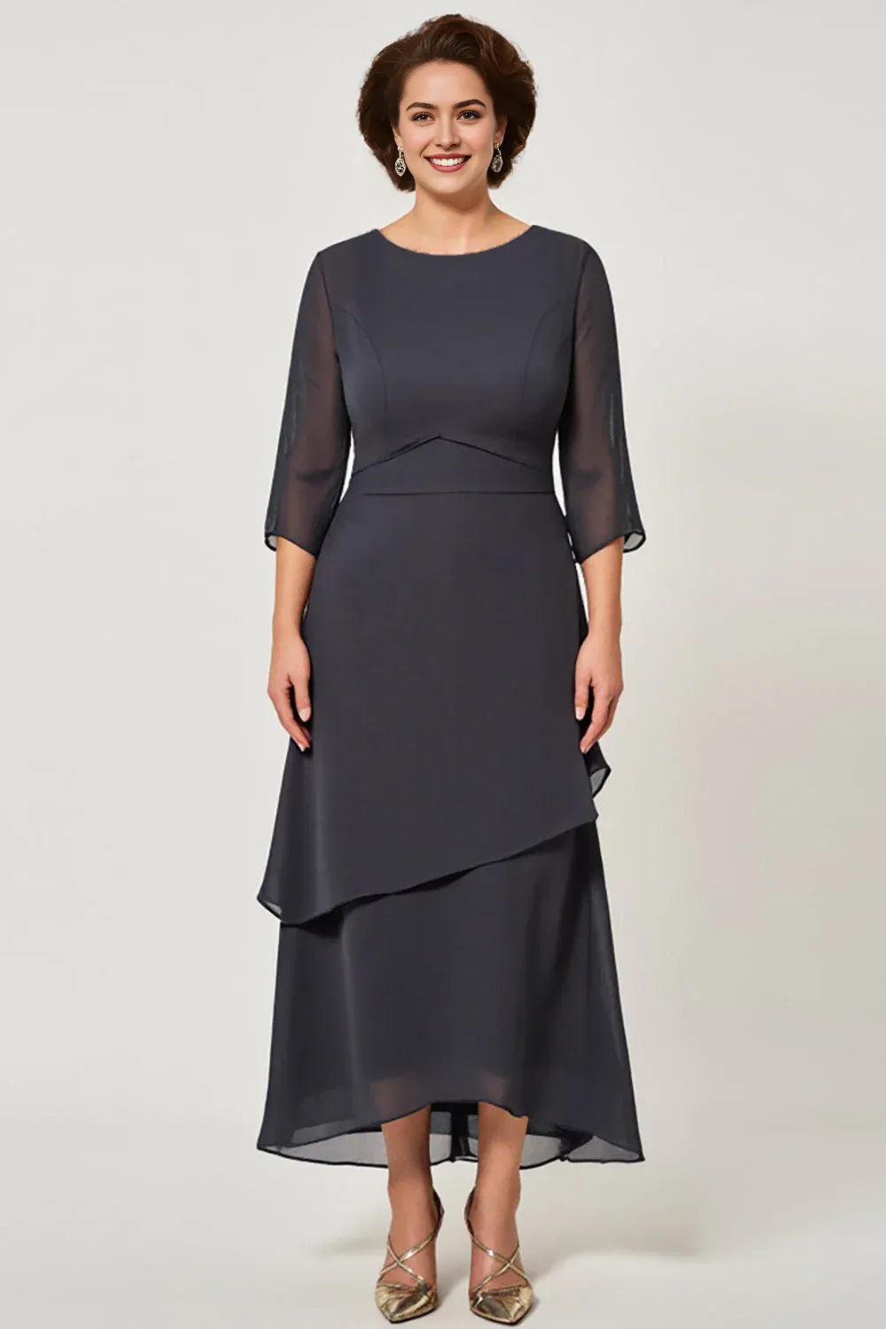 Steel Grey Chiffon Tiered Long Scoop Mother of the Bride Dress
