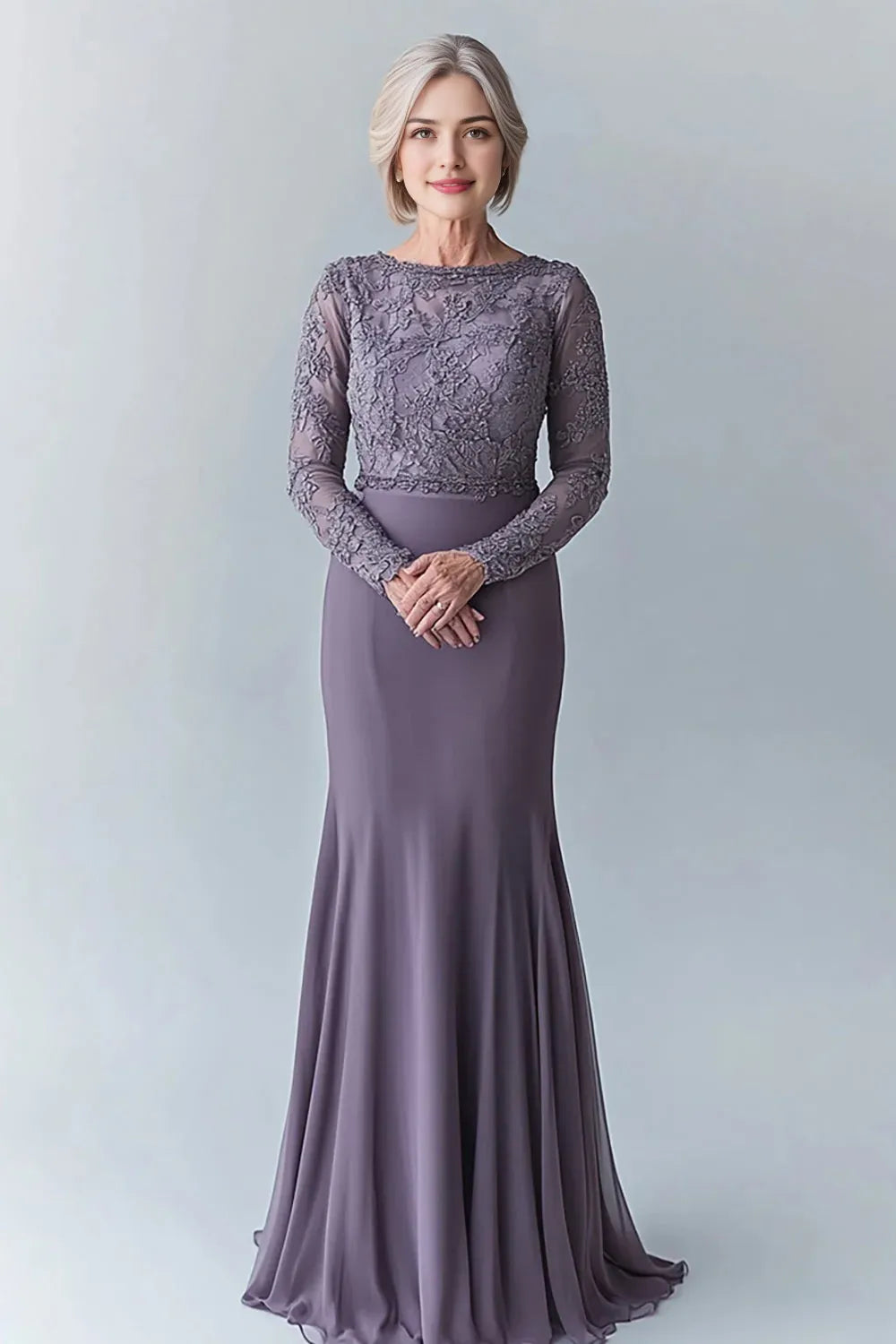 Steel Grey Scoop Chiffon Mother of the Bride Dress with Lace