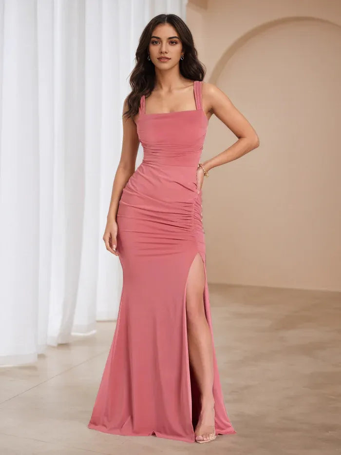 Elegant Blush Pink Square Neck Ruched Prom Dress with Side Slit - Formal Evening Gown for Dance Events & Galas