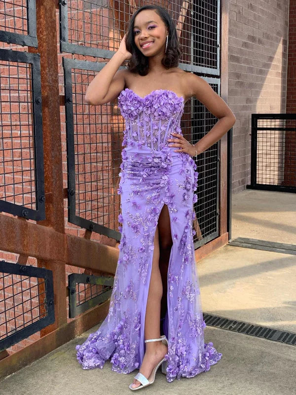 DingJiDress Strapless Sweetheart Long Fitted Corset Gown with 3D Flowers Prom Dresses
