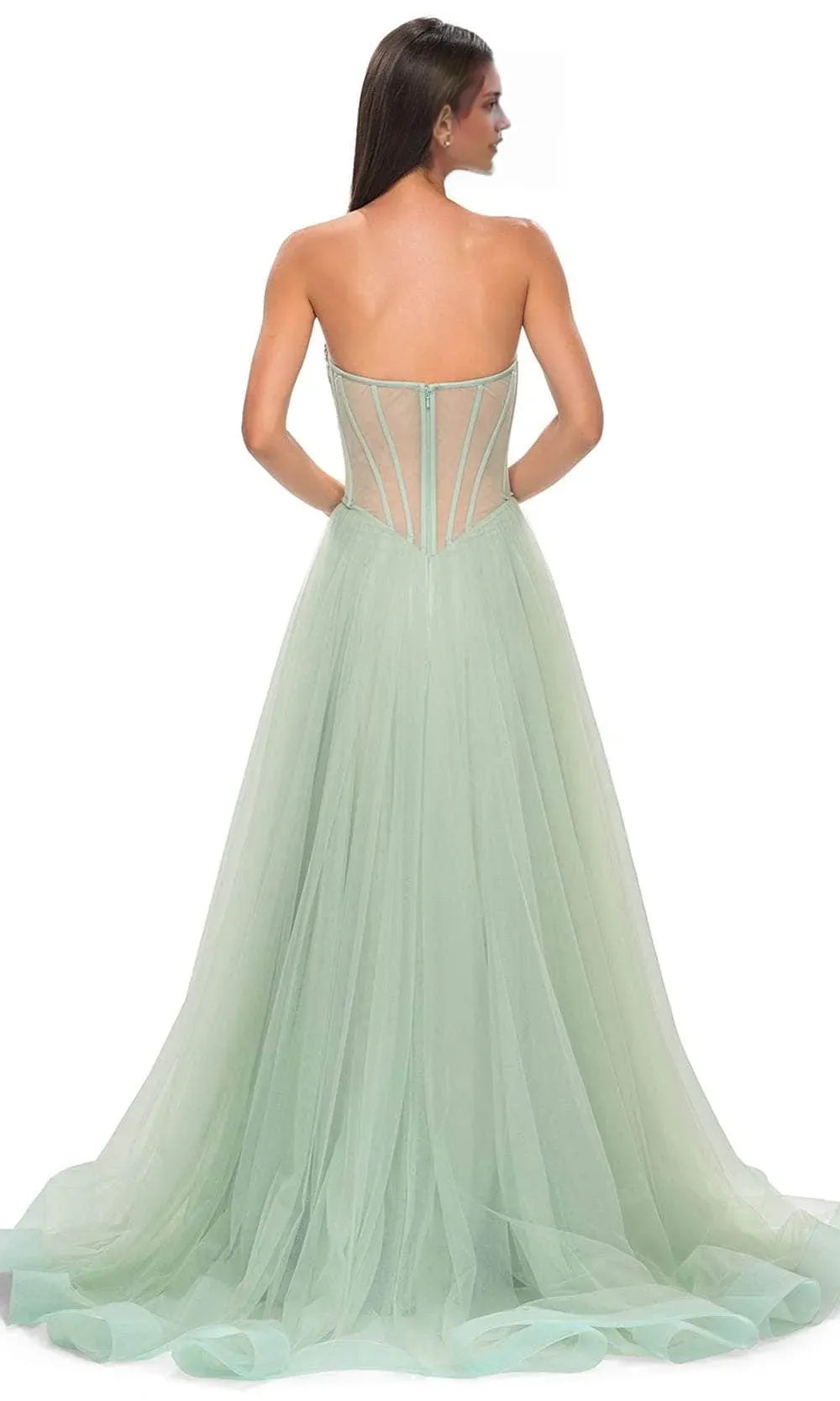 Strapless Beaded Bodice Tulle Prom Dress with High Side Slit Perfect for Formal Evening Galas