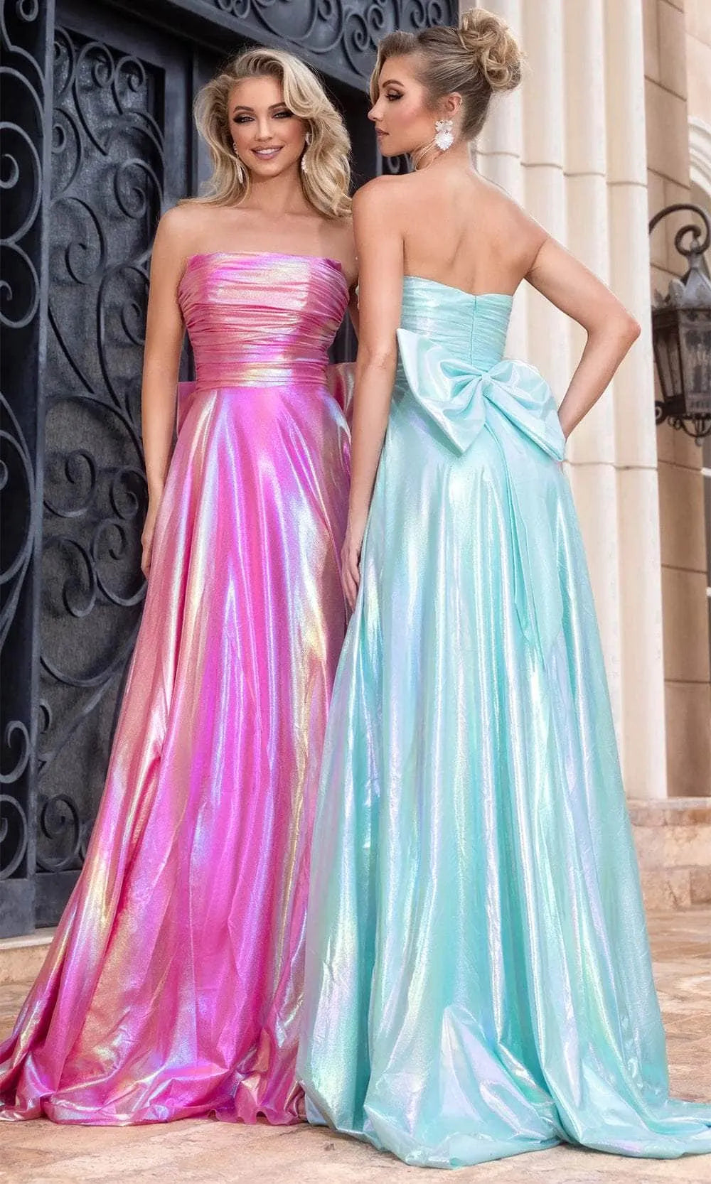 Strapless Iridescent Metallic Prom Dresses with Side Slit  Bow Detail Perfect for Formal Galas