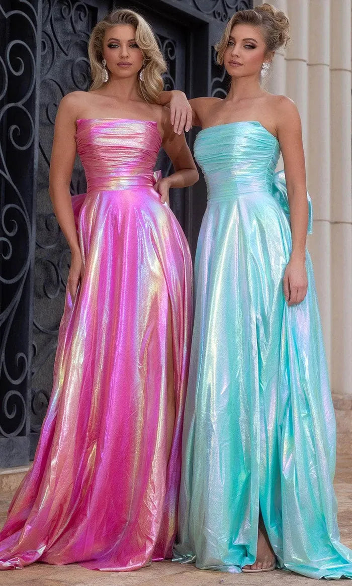Strapless Iridescent Metallic Prom Dresses with Side Slit  Bow Detail Perfect for Formal Galas