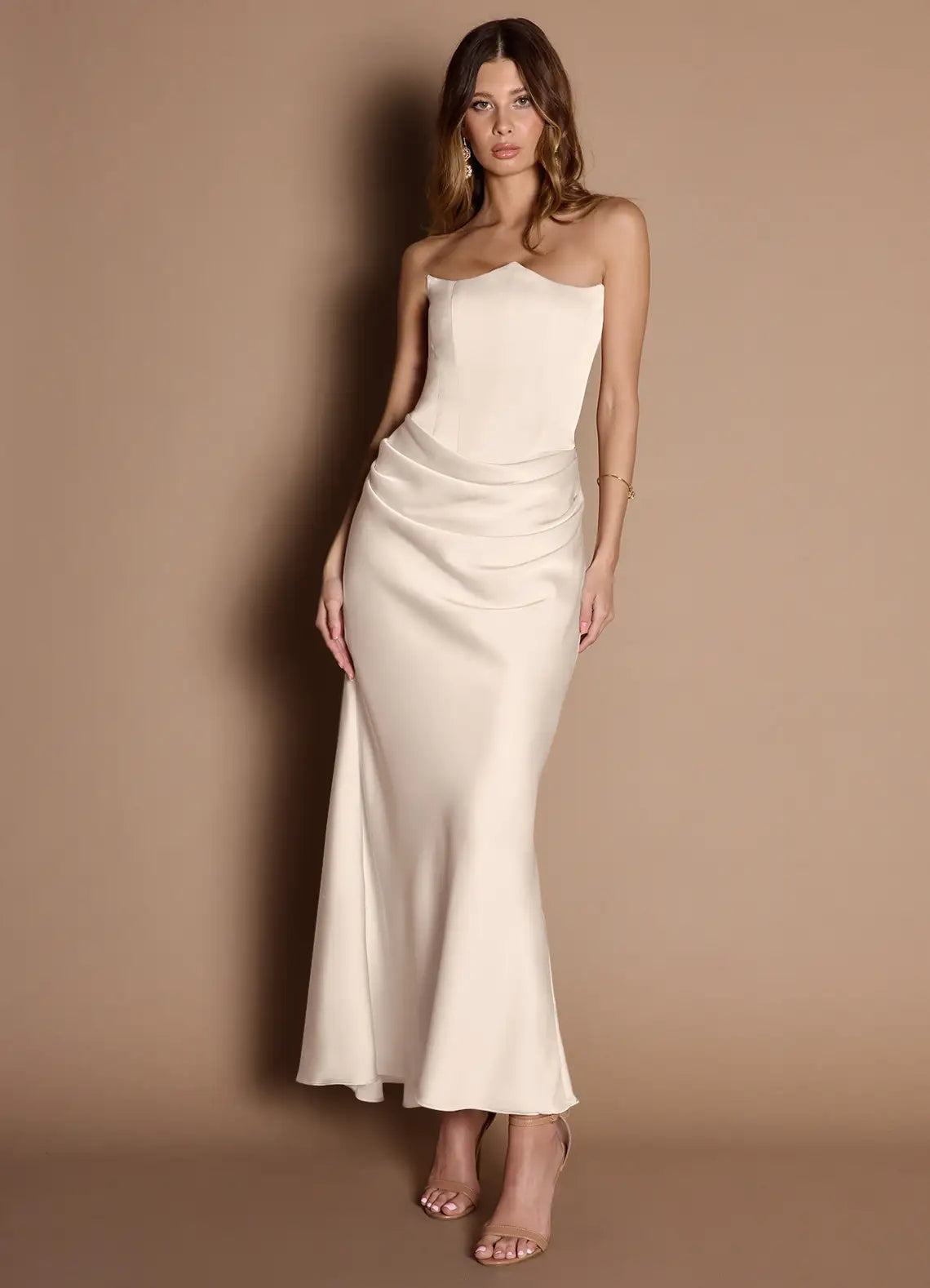 Strapless Ivory Satin Prom Dress with Asymmetric Bodice and Draped Skirt for Formal Occasions