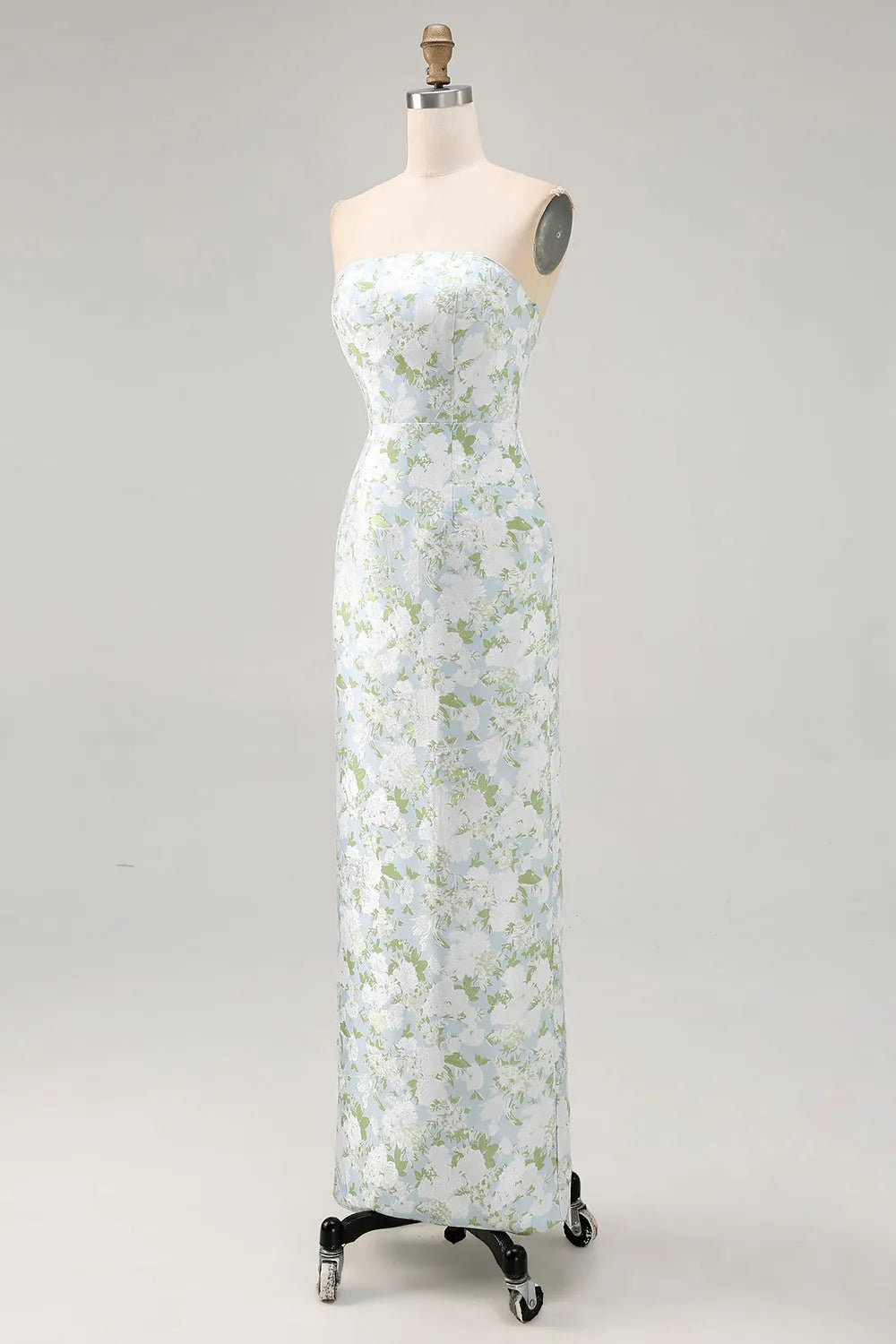 Strapless Printed White Blue Flower Sheath Bridesmaid Dress