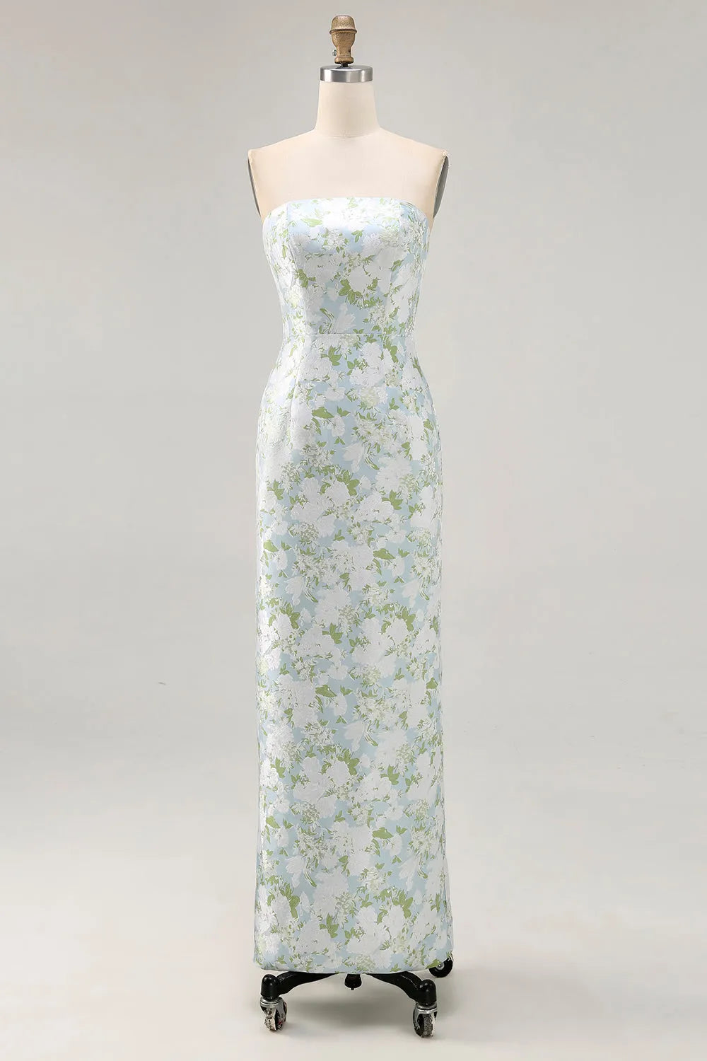 Strapless Printed White Blue Flower Sheath Bridesmaid Dress
