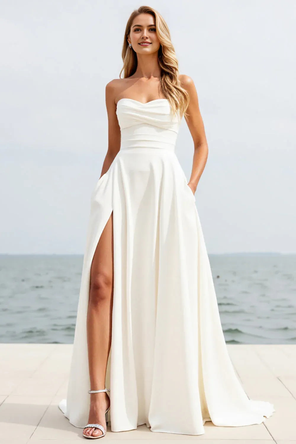 Strapless Sweep Train A Line Wedding Dress with Slit