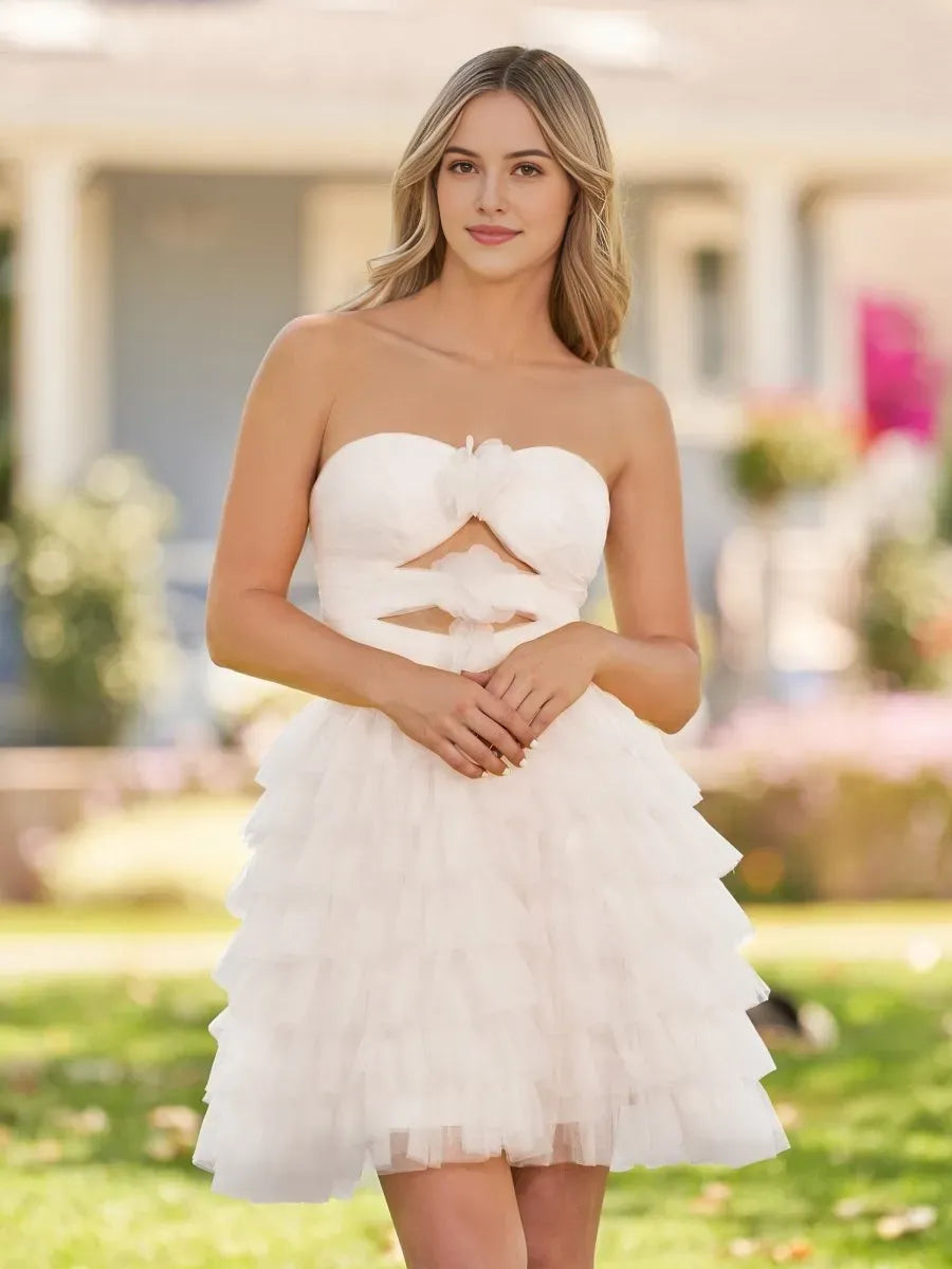 Strapless Tiered Ruffle Tulle Short Homecoming Dress With Flowers