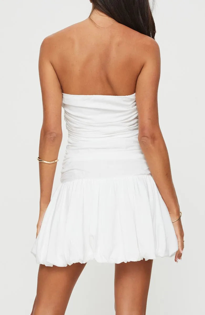 Strapless White Ruched Bodice Flared Mini Dress  Ideal for Homecoming Casual School Events