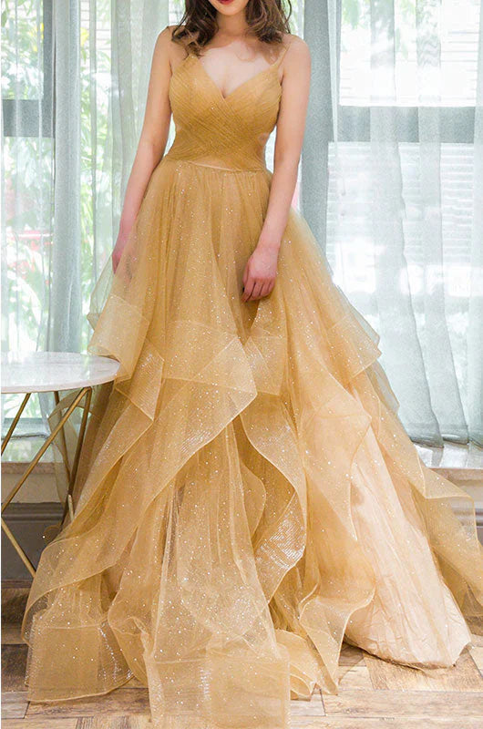 DingJiDress V Neck Straps A-Line Prom Dress Tulle Floor Length