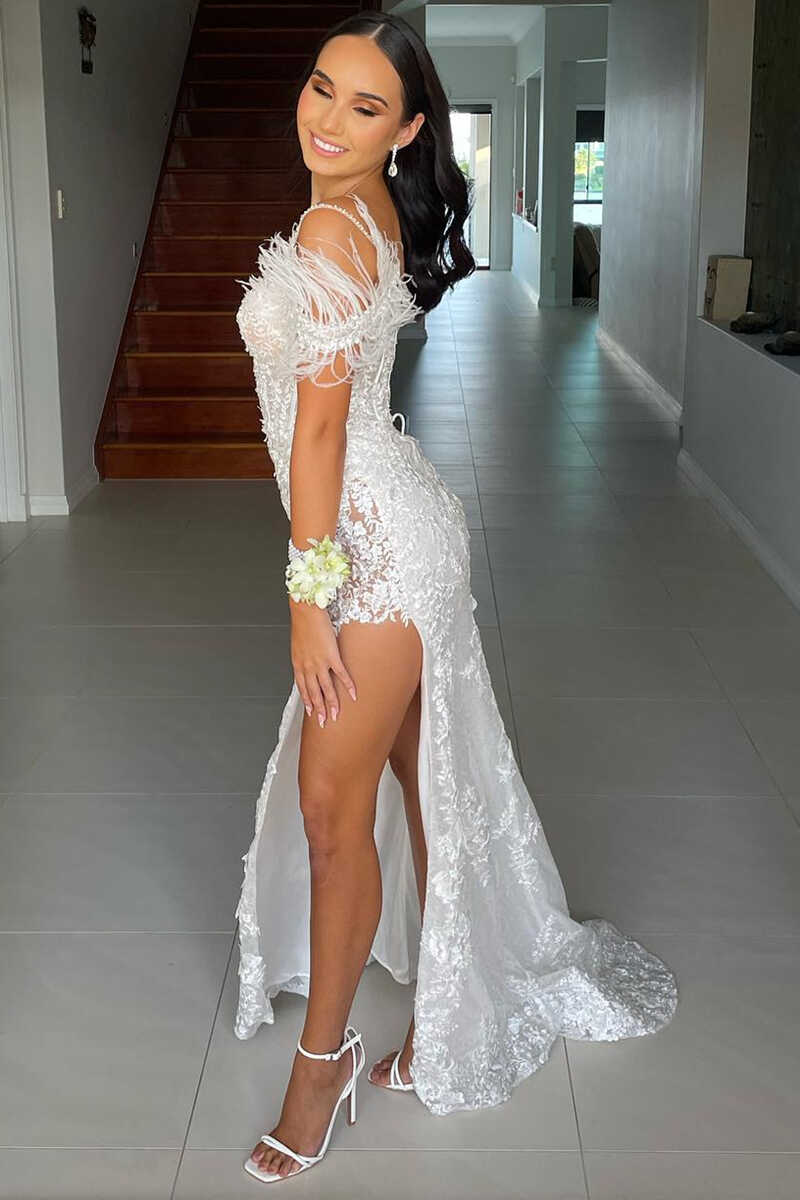 DingJiDress Sheath Spaghetti Straps Sequins Feather Long Prom Dress with Slit