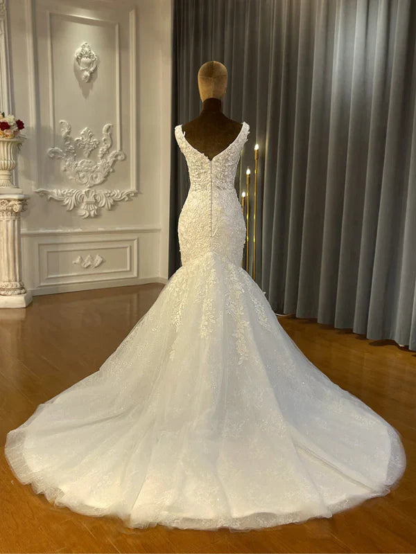 DingJiDress Beach Straps Illusion V Neck Applique Mermaid Wedding Dresses